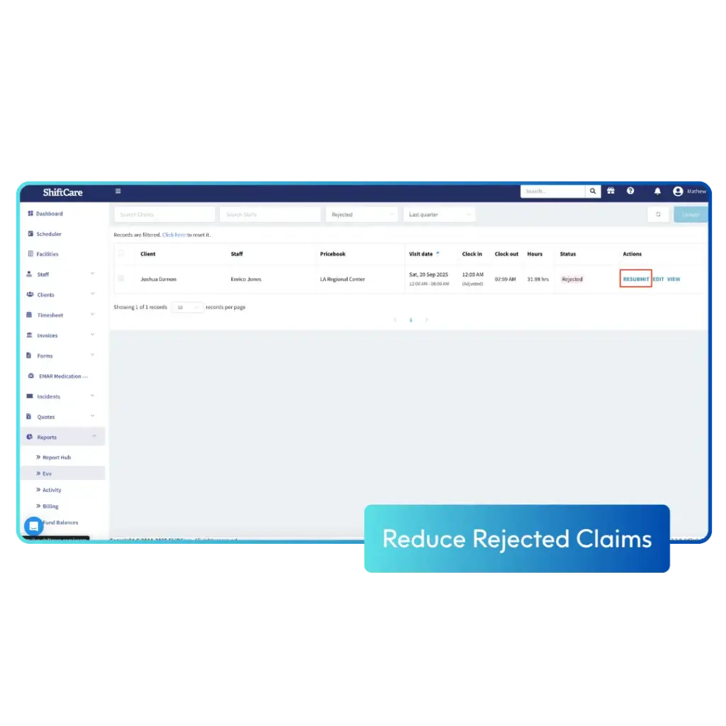 ShiftCare EVV reporting dashboard showing rejected claims with options to resubmit, edit, or view records.