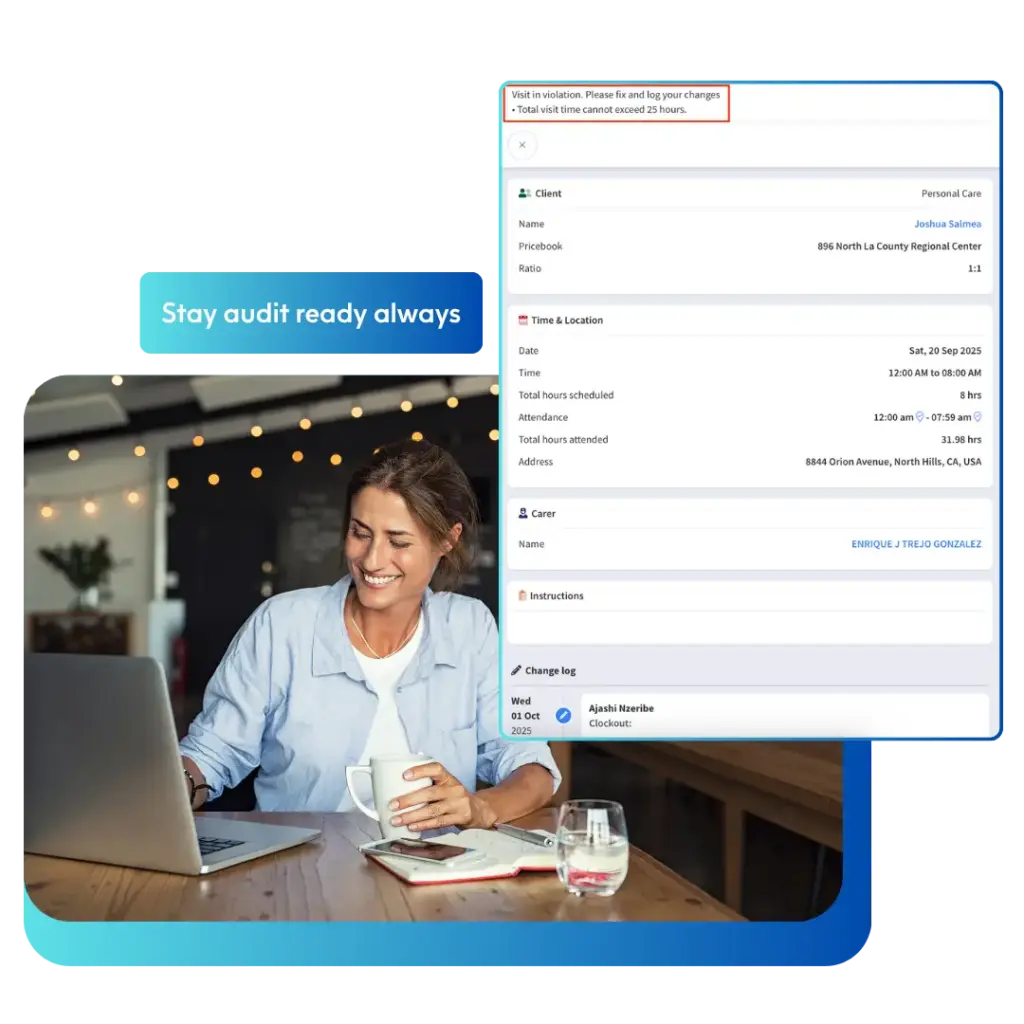 ShiftCare audit interface showing visit violations, scheduled hours, and a detailed change log.