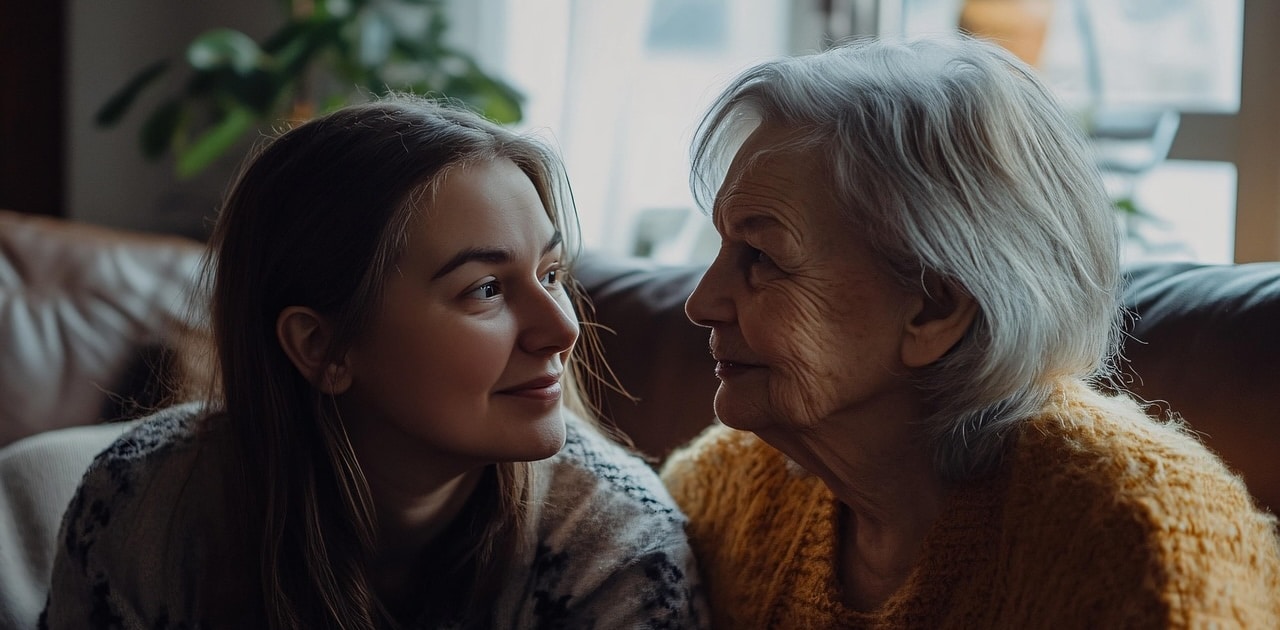An older woman and a young woman looking at each other