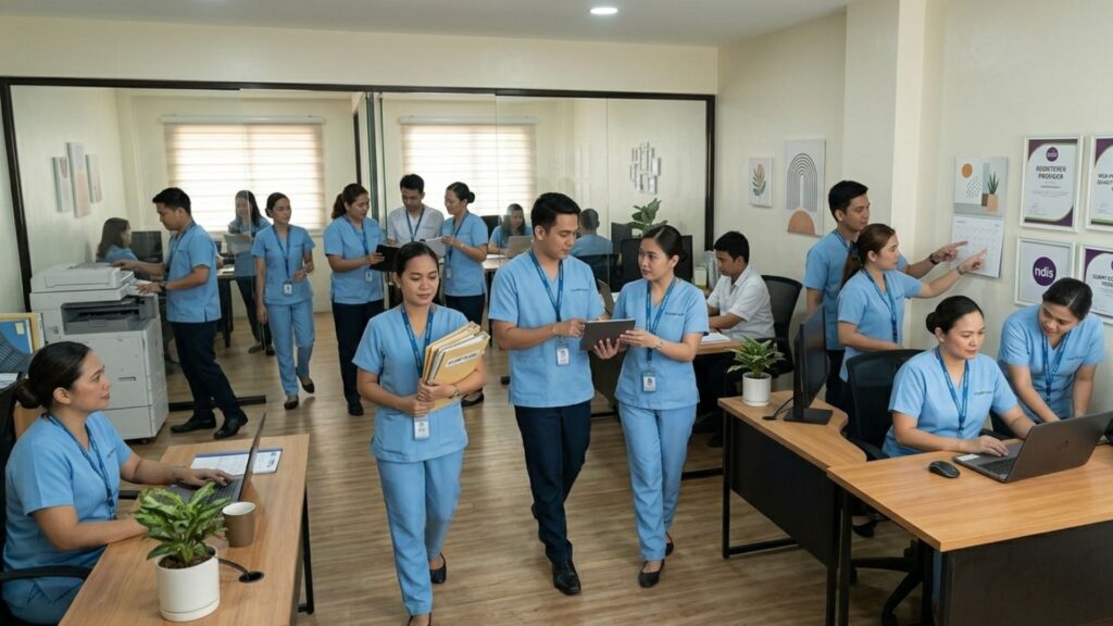 a busy office of caregivers