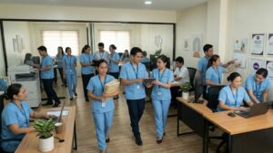 a busy office of caregivers