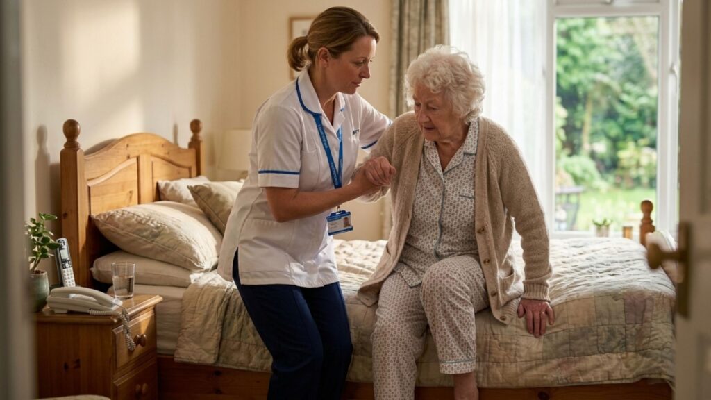 caregiver helping a senior patient out of bed