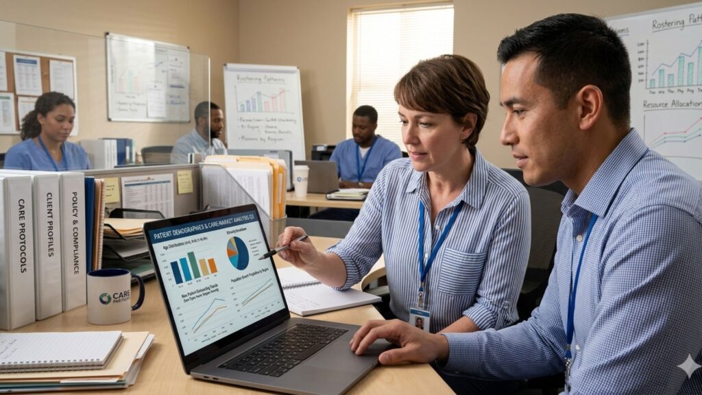 caregivers looking at patient demographic chart