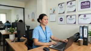 female caregiver working on her laptop