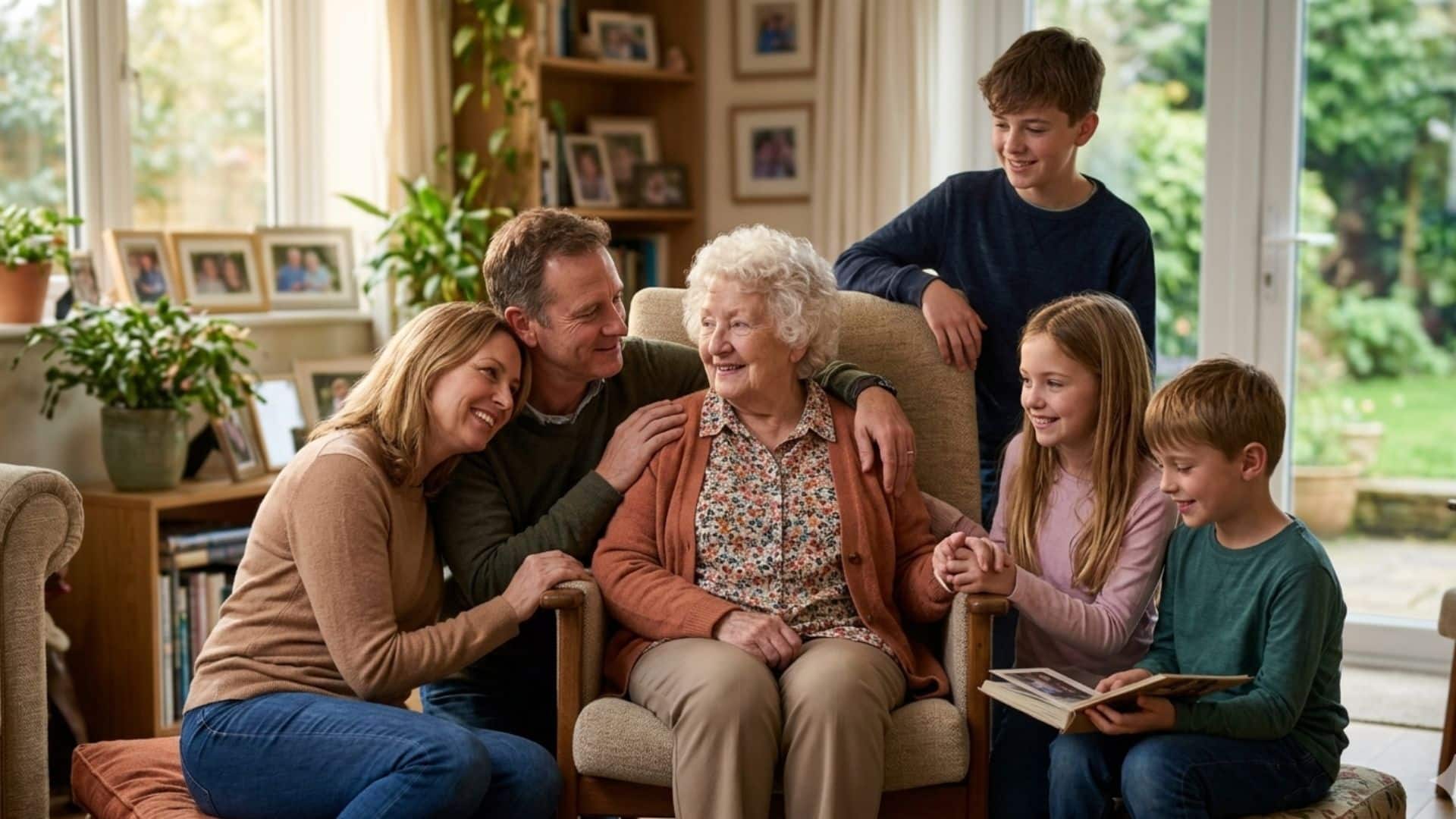 senior patient surrounded by her loved ones