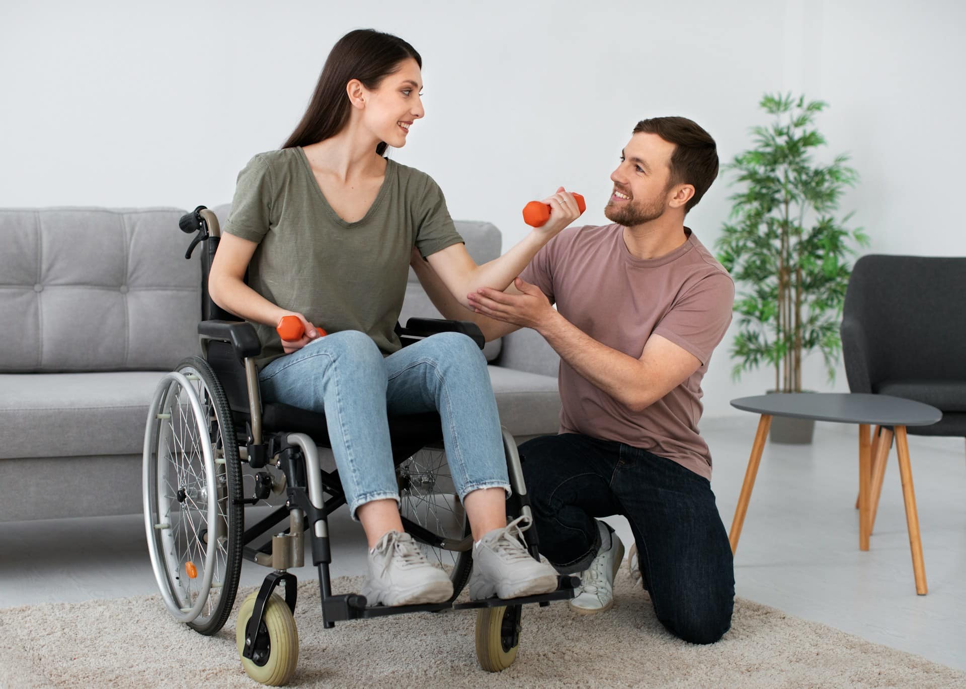 Support worker assisting a client with exercises, illustrating high-quality disability home care.