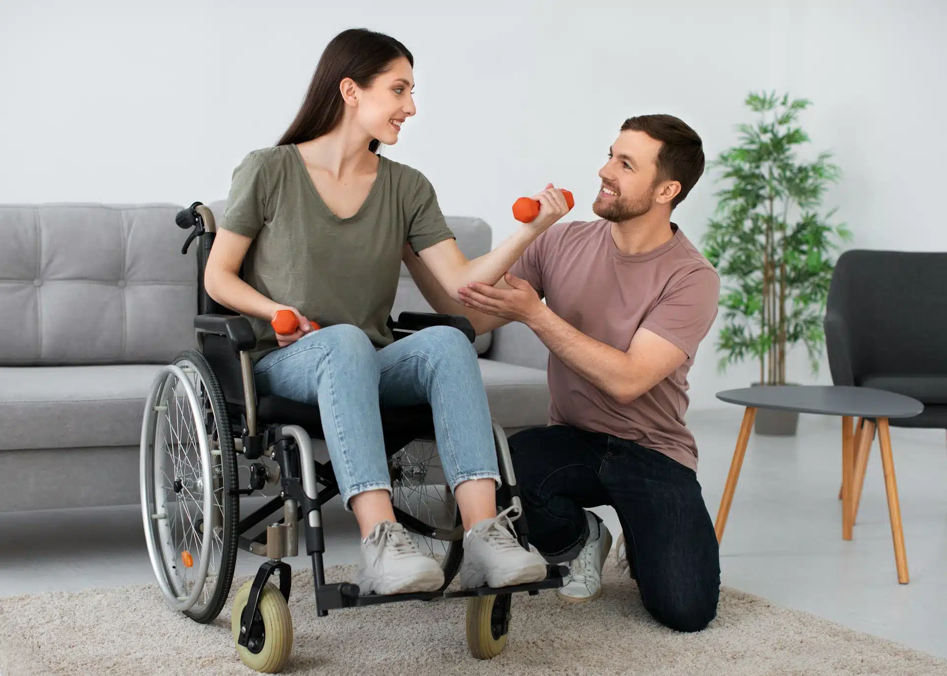 Support worker assisting a client with exercises, illustrating high-quality disability home care.