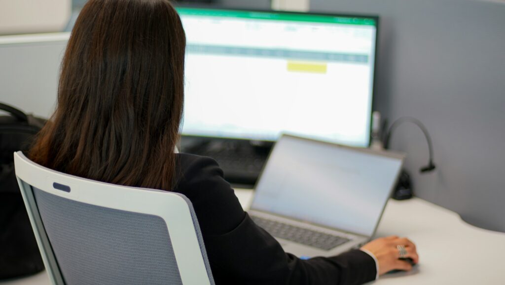 A woman sitting at her desk using spreadsheets