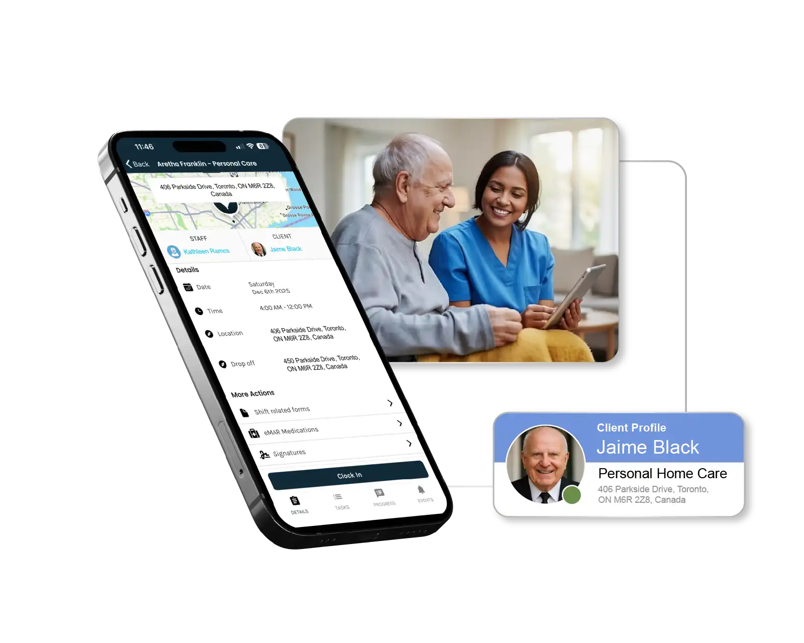 ShiftCare app and client profile: providing caregivers time for personalized home care for seniors.