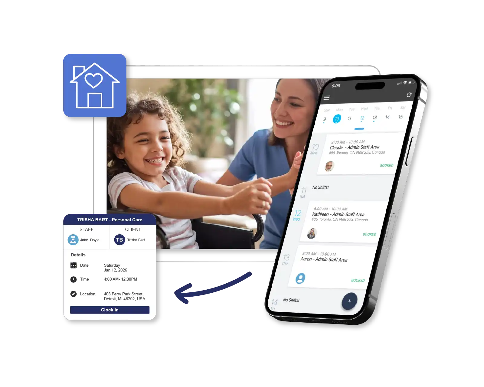 ShiftCare mobile shift assignment showing clock-in details and calendar booking for a pediatric client.