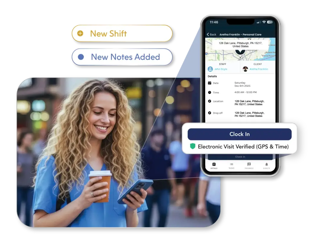 Caregiver using ShiftCare app with EVV clock-in, shift alerts, and notes for care visits