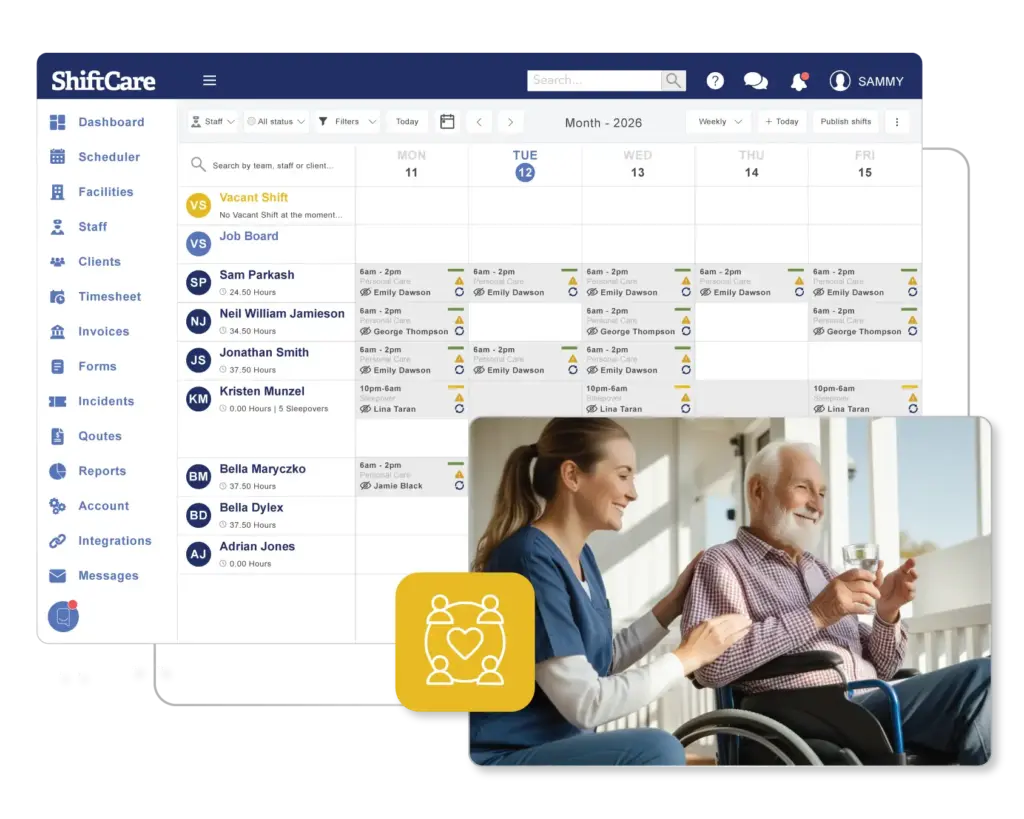 ShiftCare software showing staff roster alongside caregiver providing elderly care support