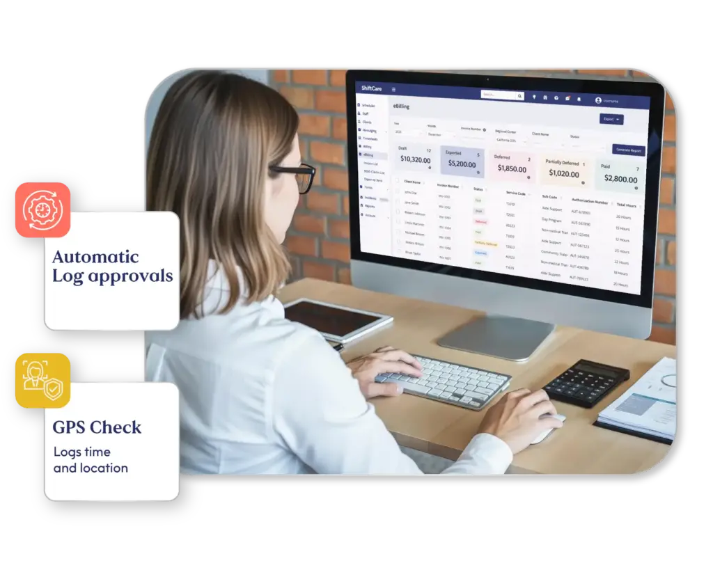 Care management in ShiftCare with billing dashboard, GPS tracking, and log approvals