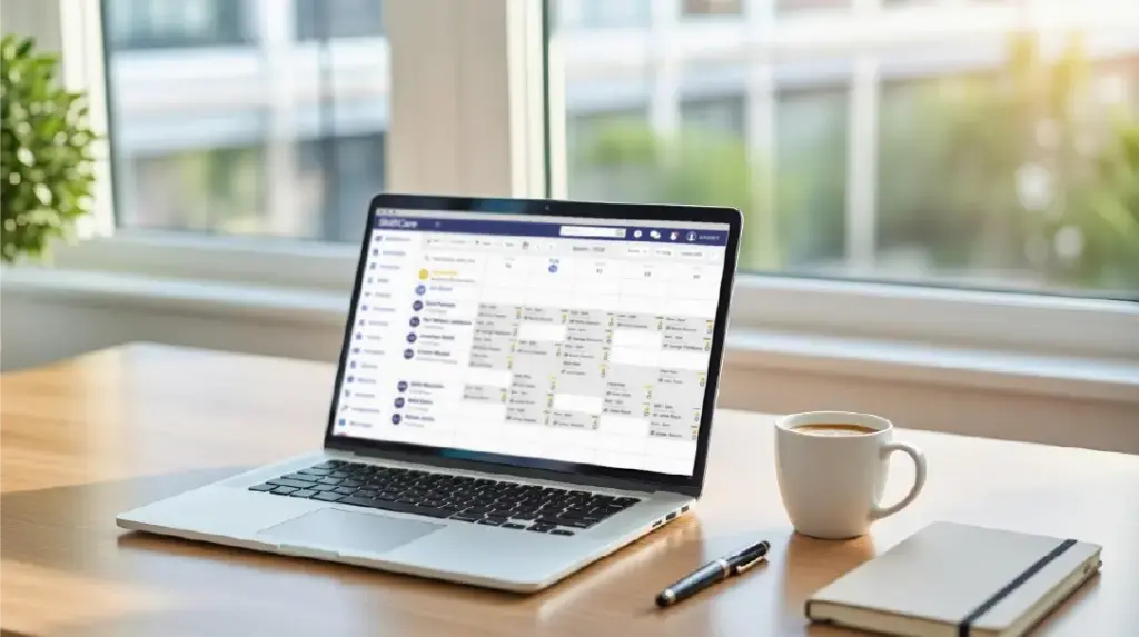 Laptop showing ShiftCare scheduling dashboard for managing caregiver shifts and care visits