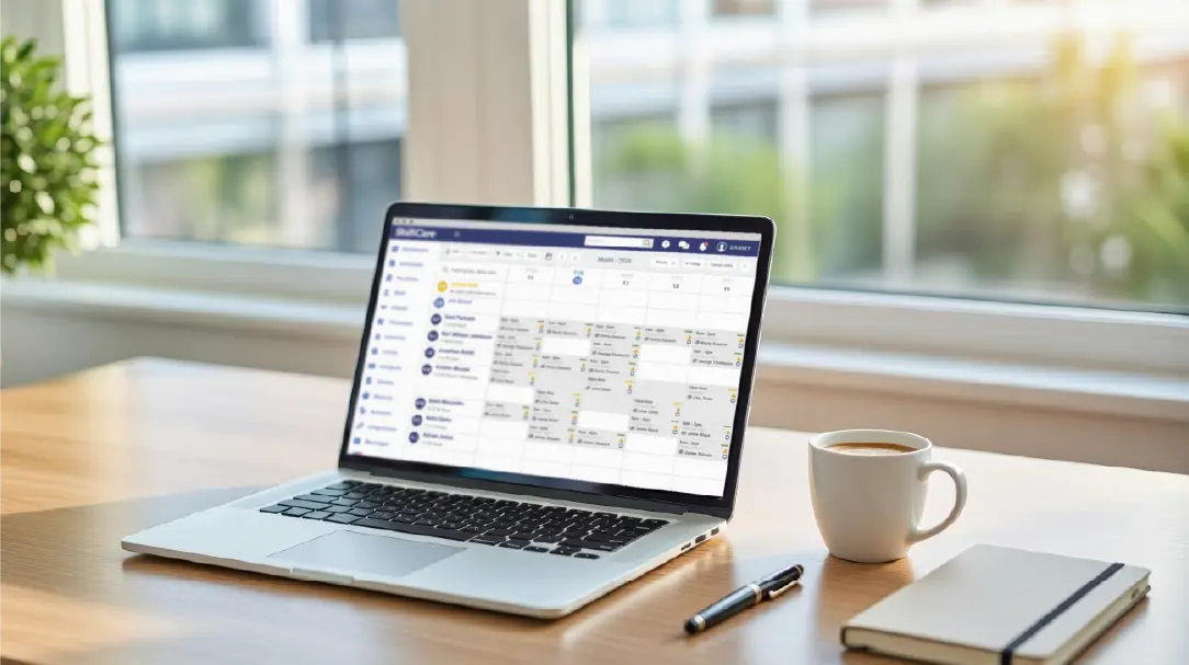 Laptop showing ShiftCare scheduling dashboard for managing caregiver shifts and care visits