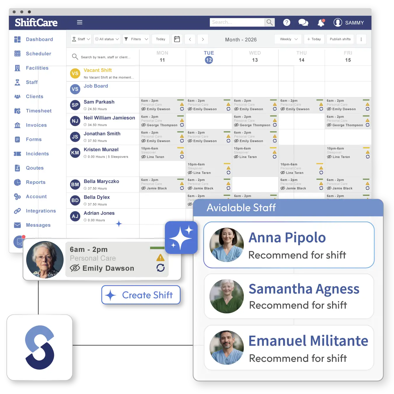 ShiftCare rostering and shift management interface