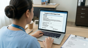 Care worker completing a digital incident report on a laptop using ShiftCare care management software