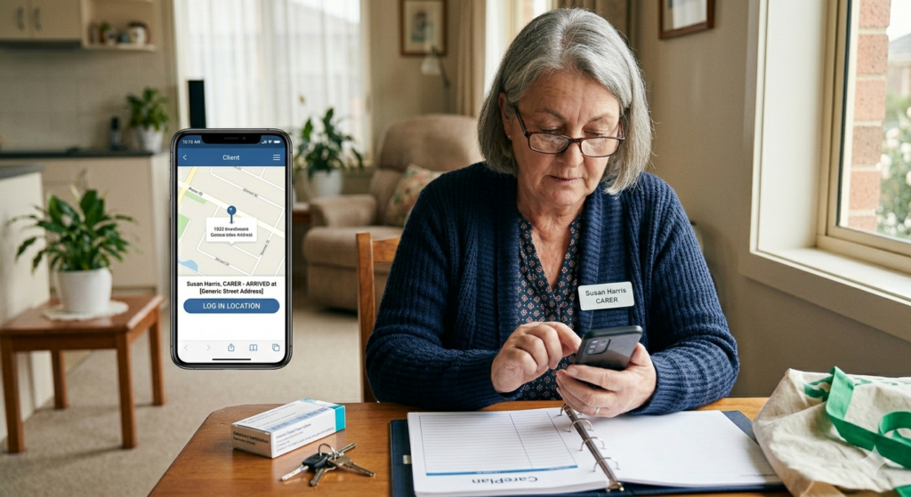 caregiver logging into mobile phone