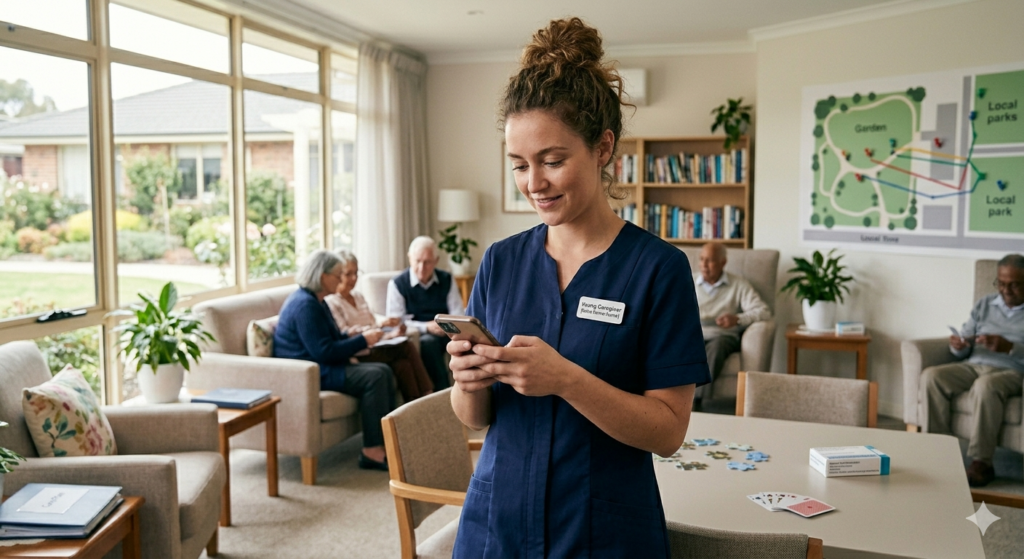 caregiver using her mobile phone
