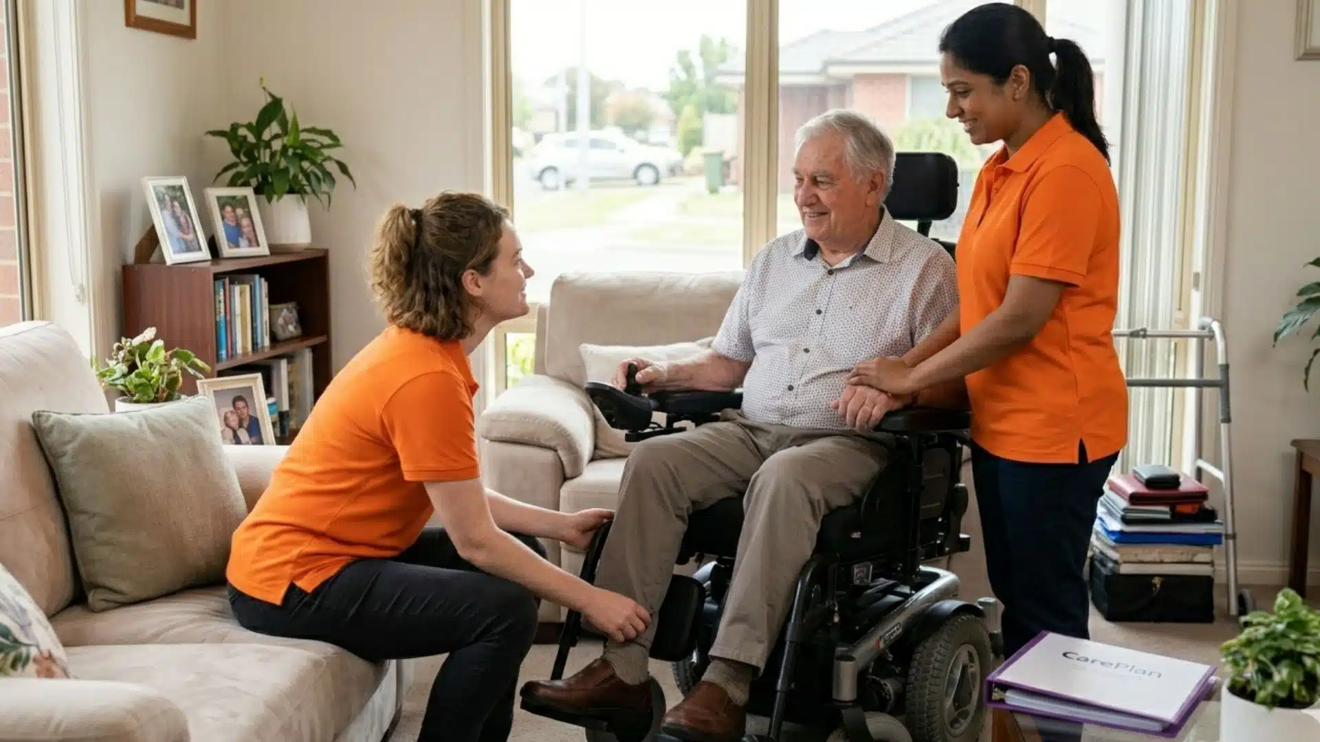 Two care workers taking care of older adult
