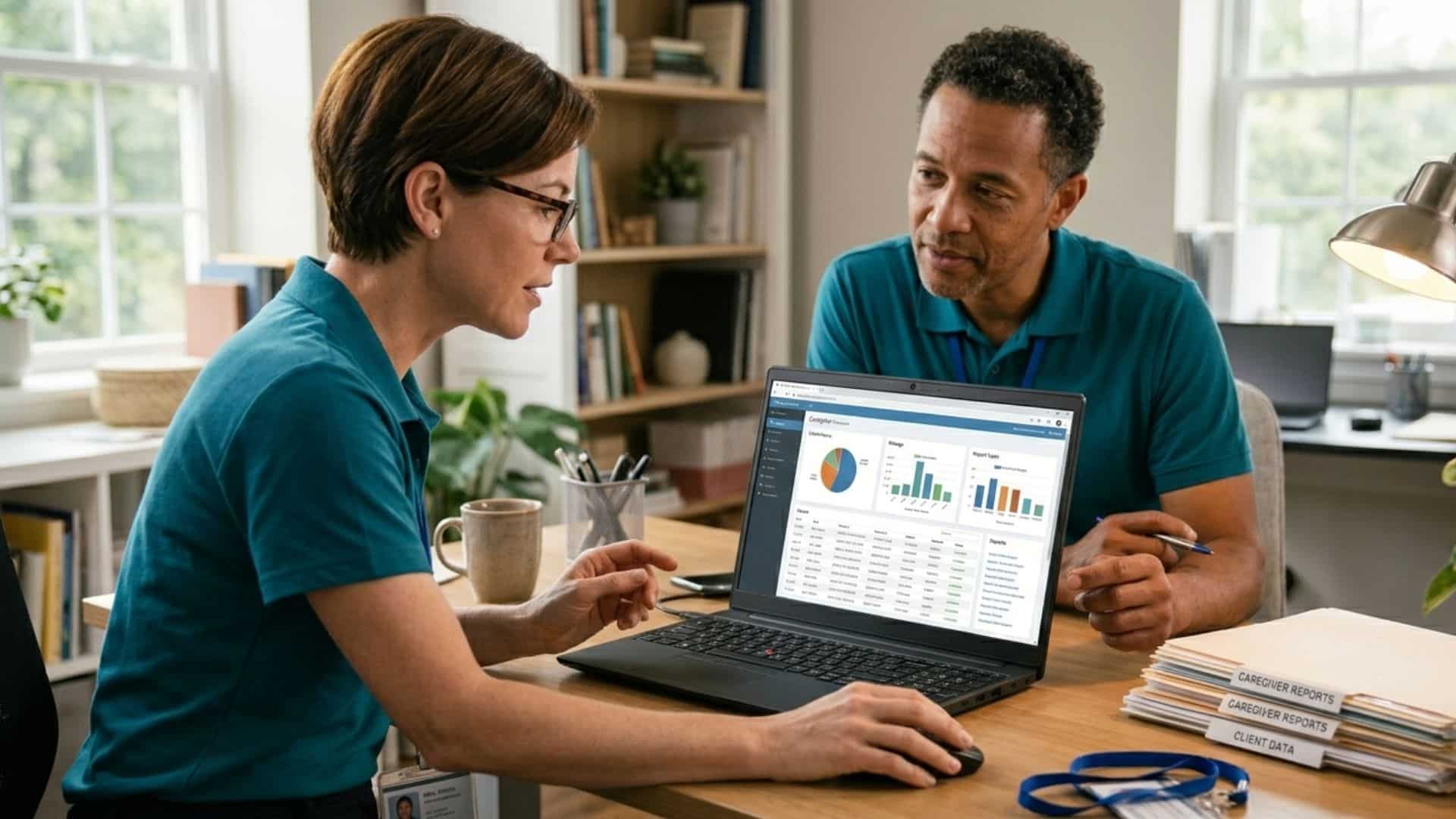 Two caregivers working on a laptop