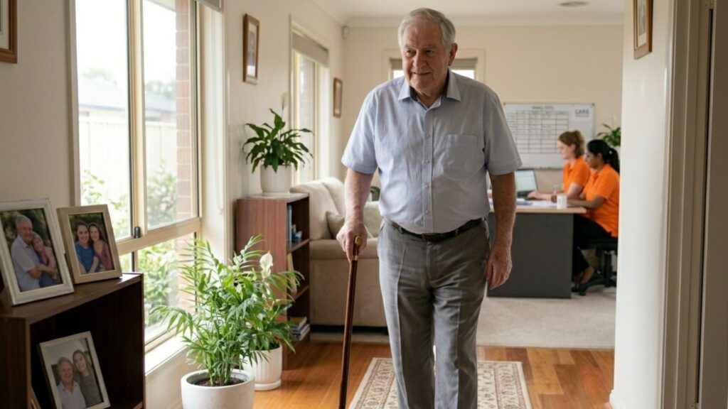 an older adult walking alone with a cane