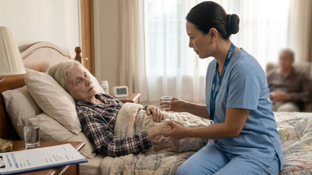 caregiver taking care of an elderly person on the bed