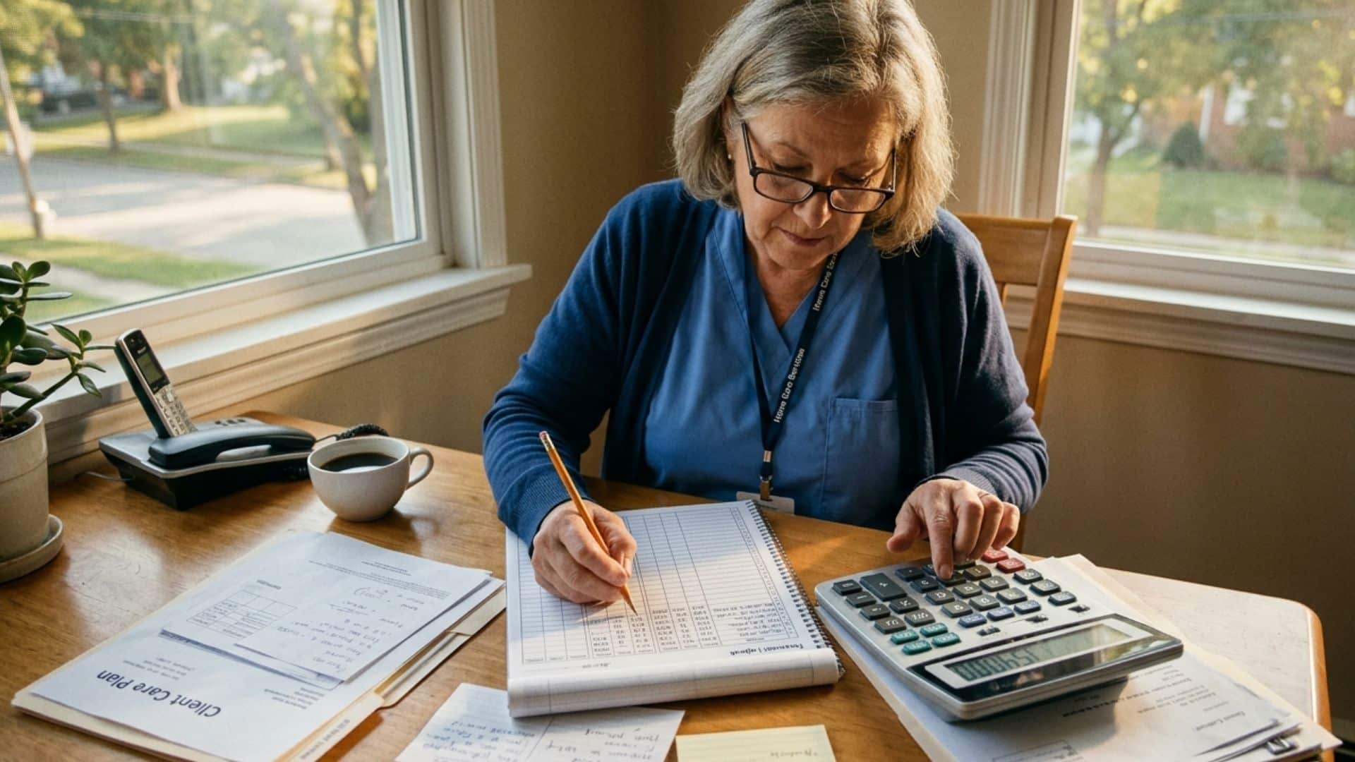 older caregiver doing calculations