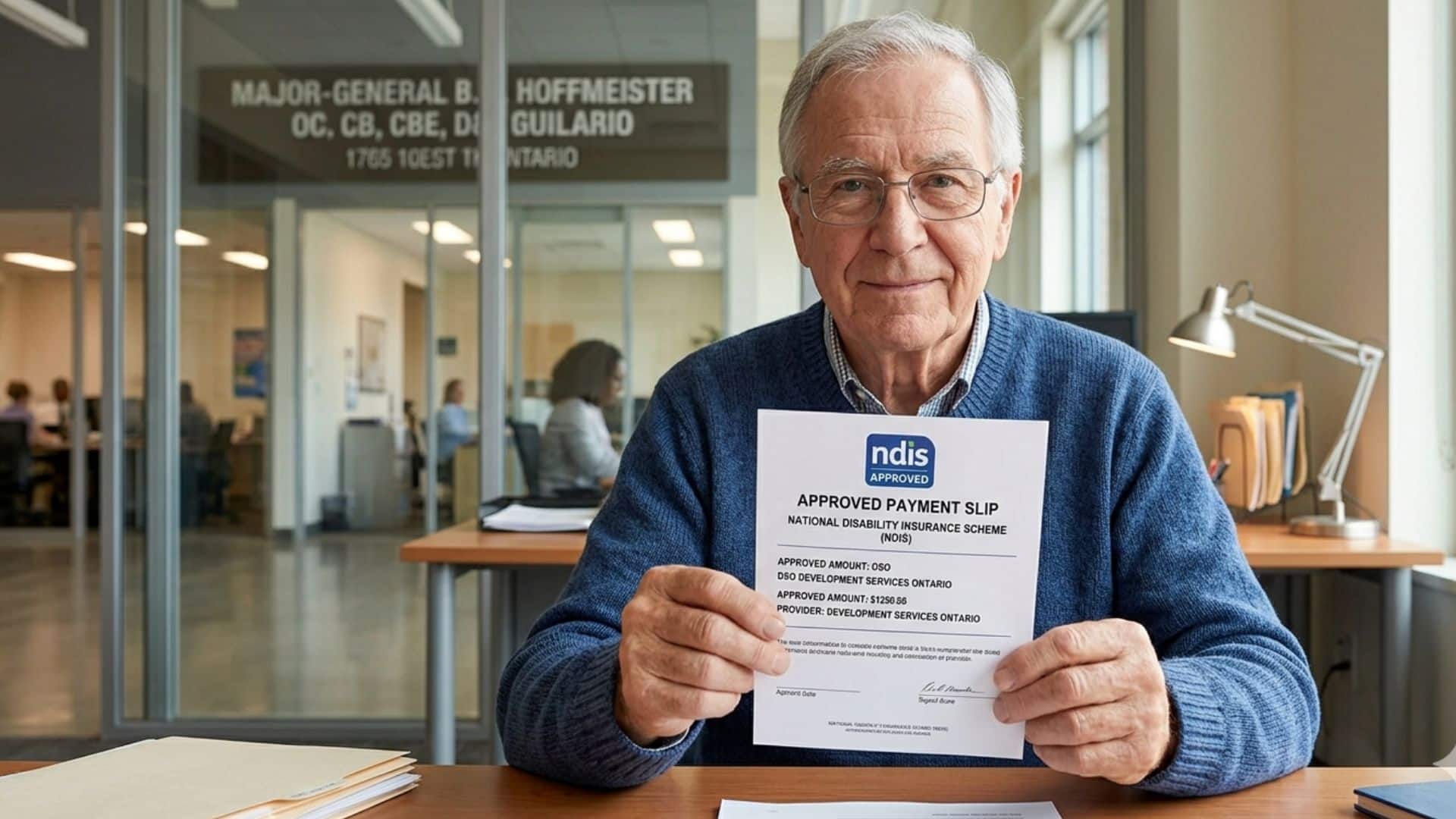 senior client holding payment slip