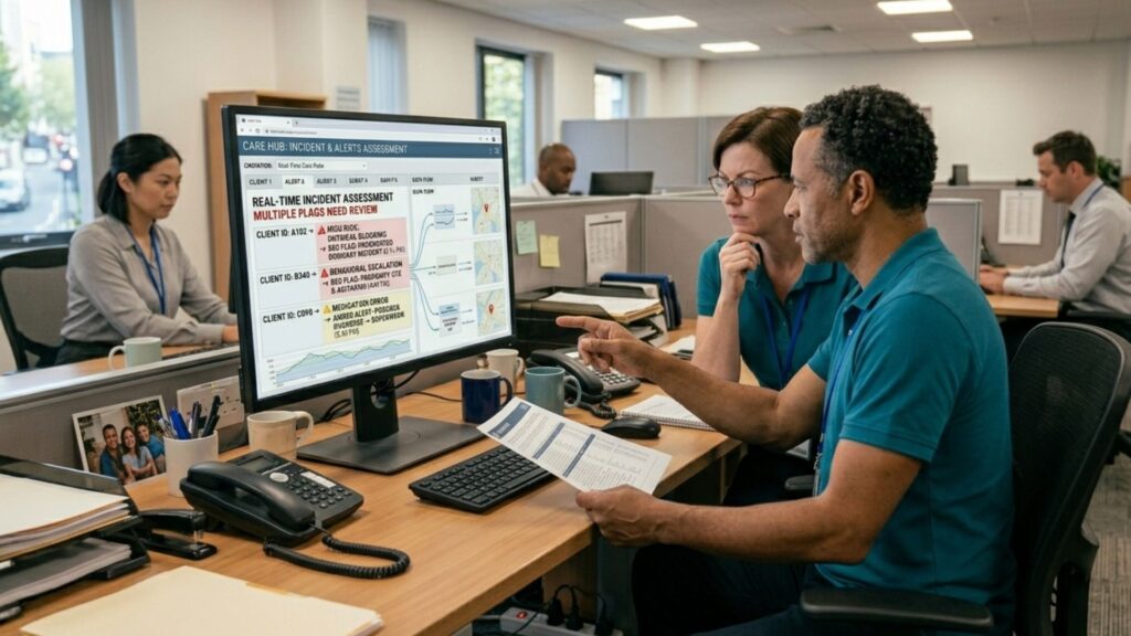 two caregivers assessing flagged incidents
