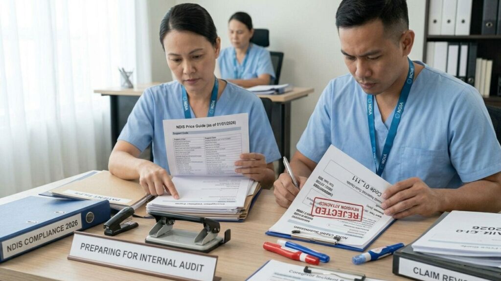 two caregivers fixing documents for audit