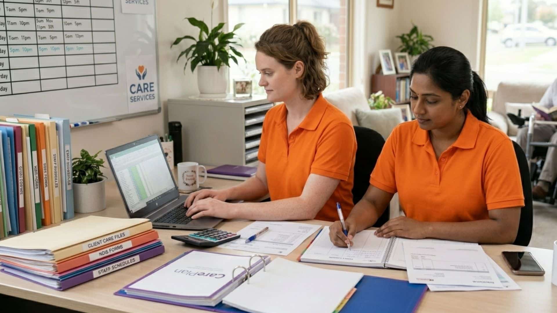two caregivers taking care of admin work