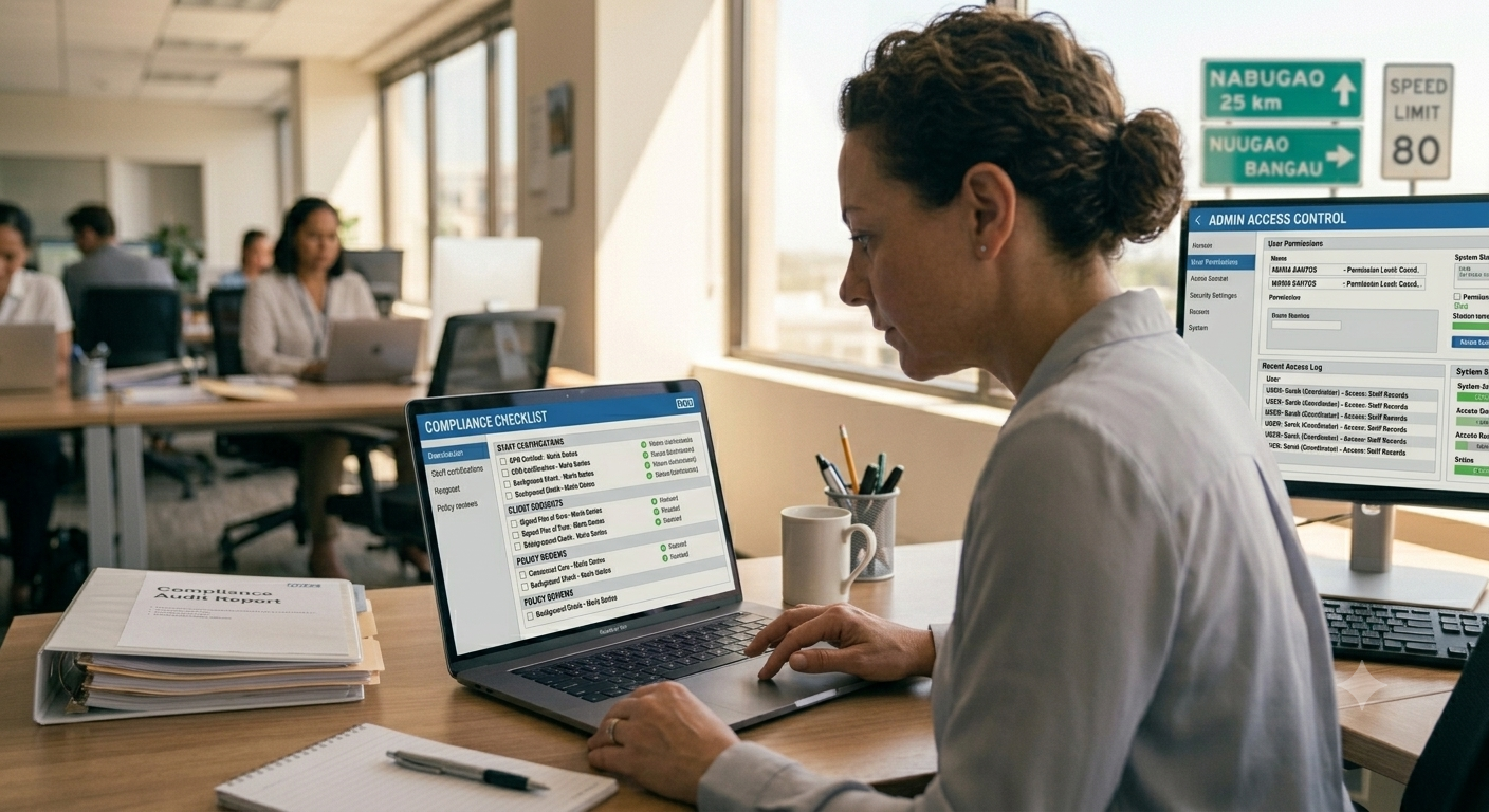 home care agency administrator reviewing a compliance checklist on a laptop
