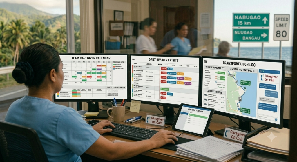 caregiver using computer with multiple apps