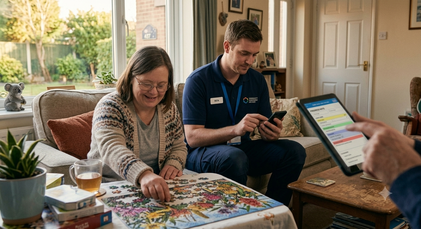 male caregiver taking care of client with intellectual disability