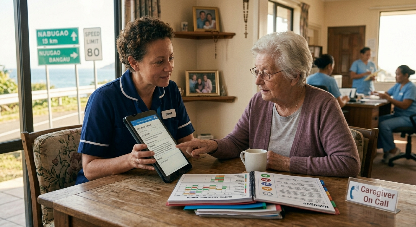 An aged care worker in professional attire sits at a desk reviewing documents on a tablet